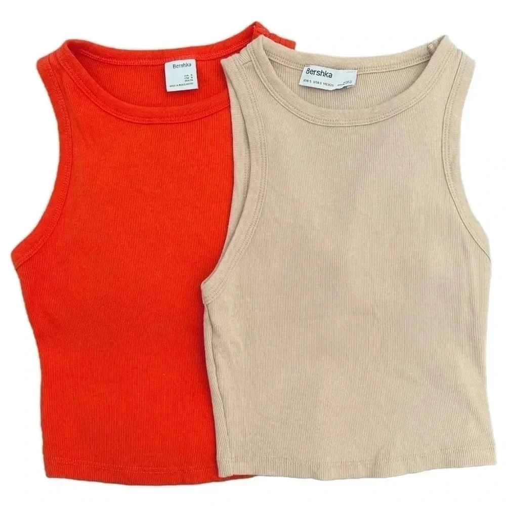 Bershka Ribbed Crop Tank Tops Bundle | Orange & Beige Knit Stretch Basics| Small - Picture 1 of 8
